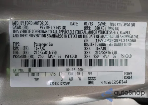 2015 Ford Focus Se z USA, uszkodzony, nr VIN 1FADP3F29FL218068